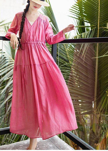 Rose Patchwork Lace Pockets Maxi Summer Linen Dress