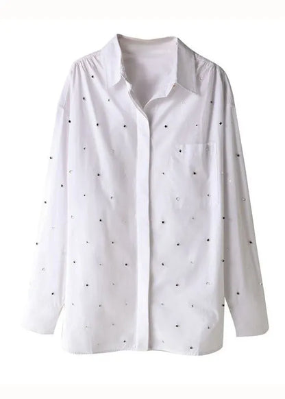 Simple White Peter Pan Collar Zircon Patchwork Cotton Shirts Top Spring