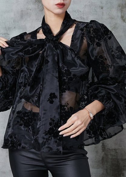 Black Jacquard Tulle Blouse Top Hollow Out Spring