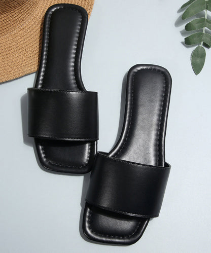 Black Faux Leather Slide Sandals Peep Toe