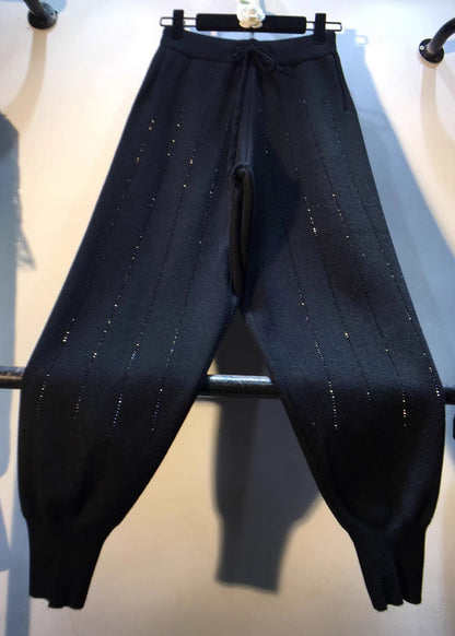 Black Elastic Waist Zircon Knit Harem Pants Spring