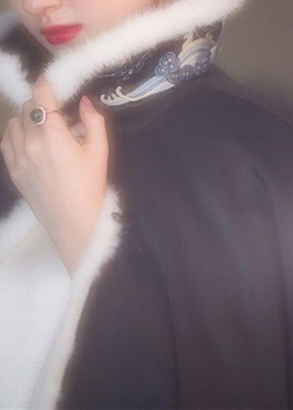 Black Faux Fur Collar Embroideried Button Silk Coats Long Sleeve