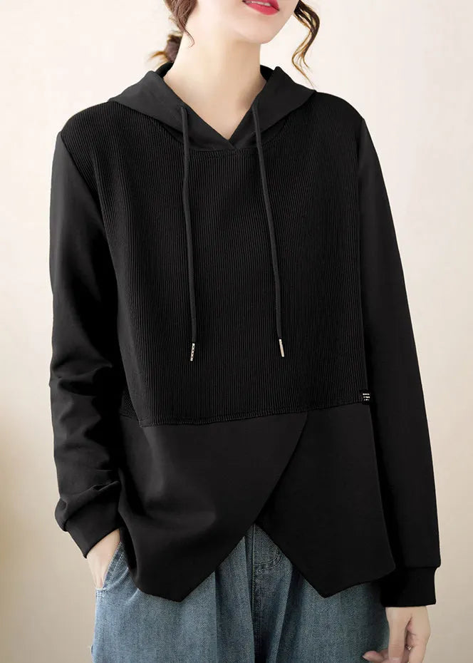 Black Patchwork Cotton Hooded Pullover Asymmetrical Fall