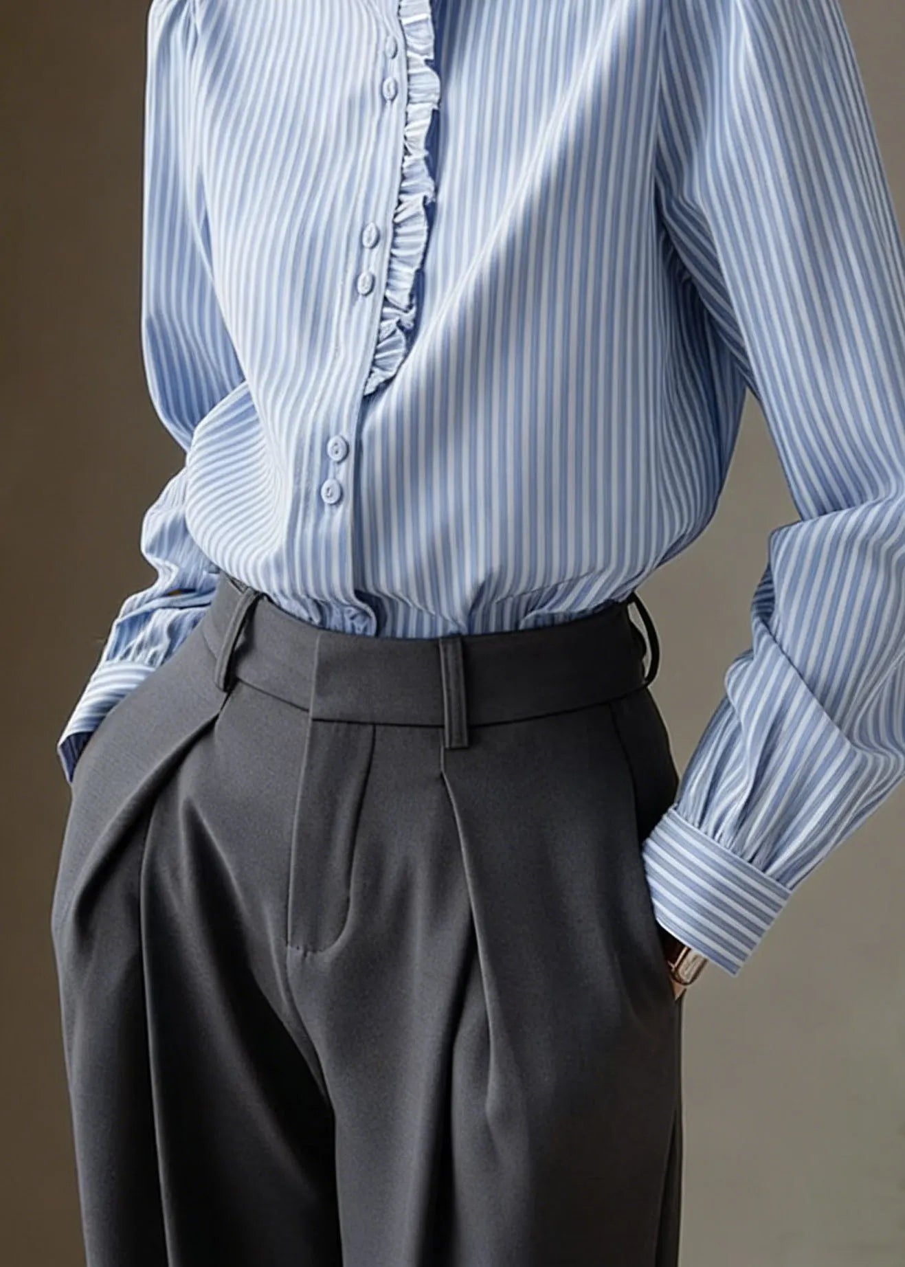 Blue Ruffled Striped Cotton Shirt Tops Spring