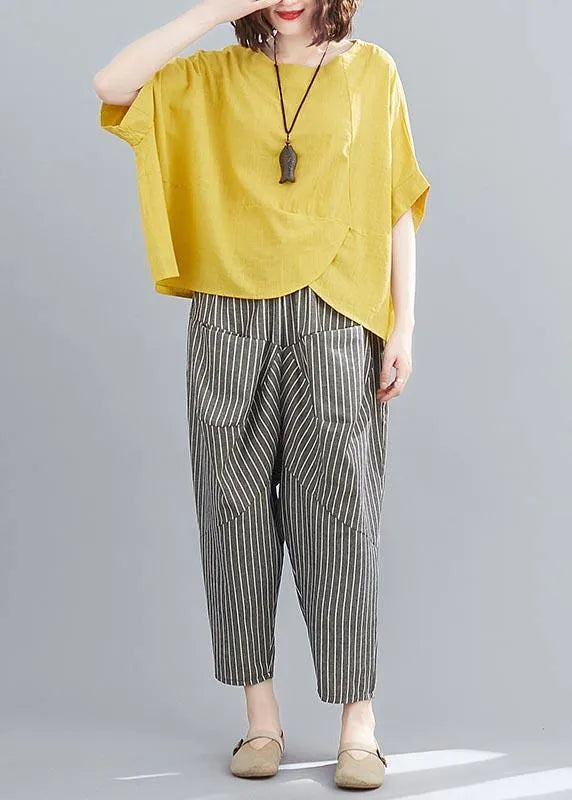 Handmade Yellow O-neck Two-piece Set Summer Cotton Linen