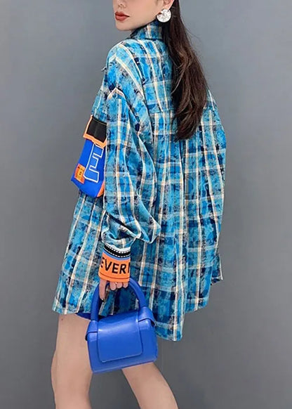 Blue Plaid Button Patchwork Cotton Blouses Long Sleeve