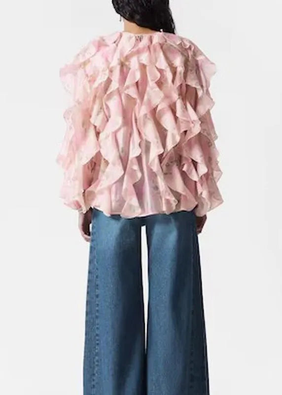 Pink Ruffled Patchwork Chiffon Shirt Tops Fall