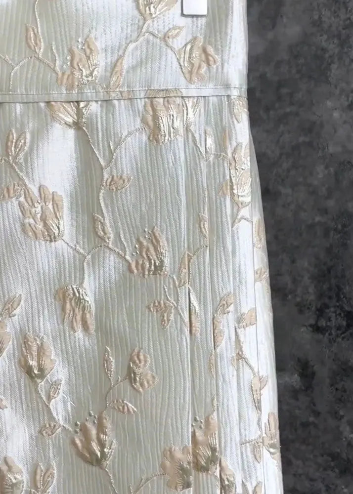 Chinese Style White Stand Collar Embroideried Shirts and Maxi Skirts Two Pieces Set Fall