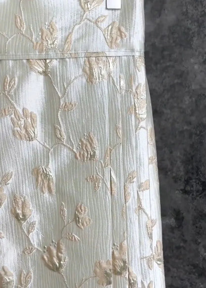 Chinese Style White Stand Collar Embroideried Shirts and Maxi Skirts Two Pieces Set Fall