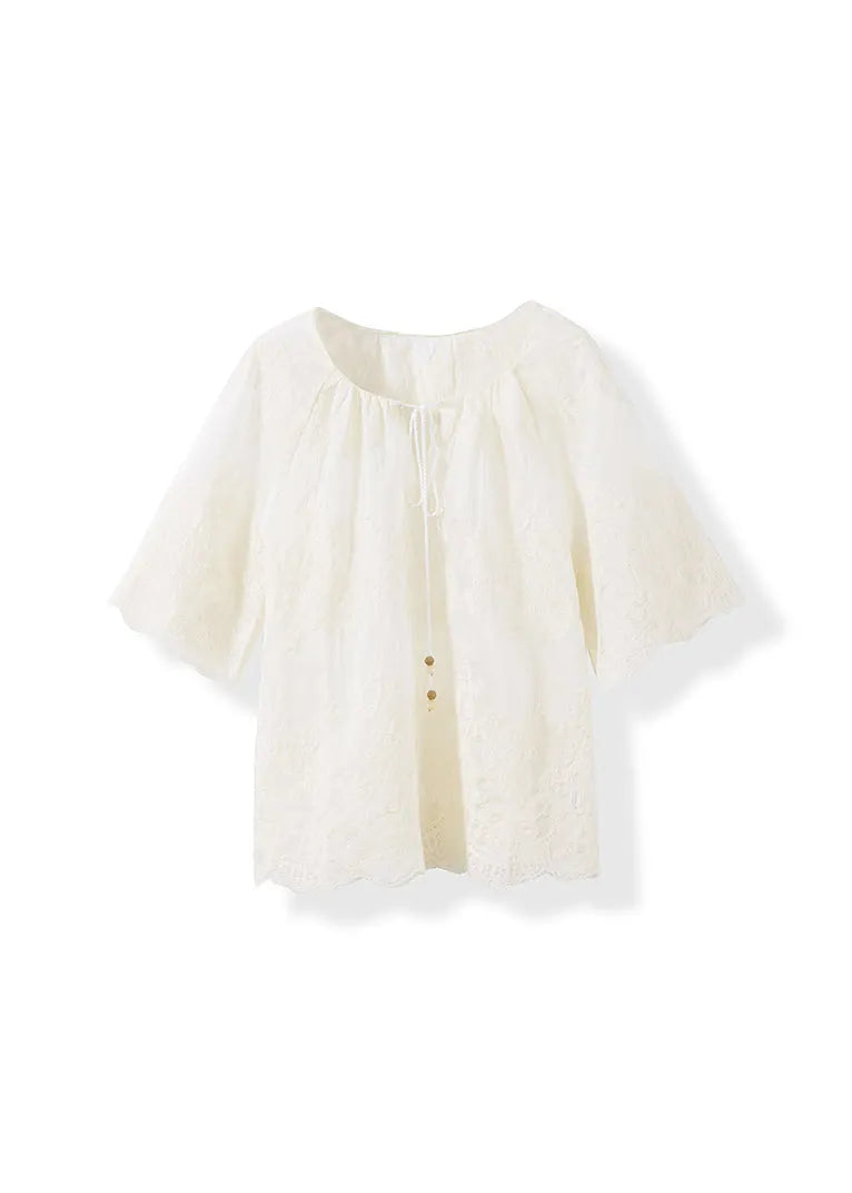 Handmade Apricot O Neck Embroidered Cotton Shirt Fall