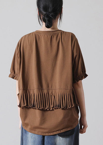 Chocolate Patchwork Cotton Tank Tops O-neck Tassel Short Sleeve