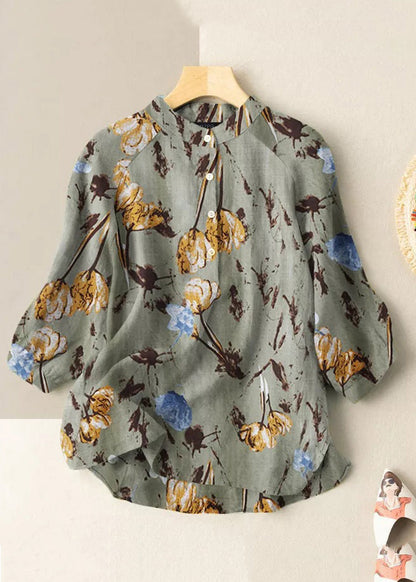Khaki Stand Collar Print Stand Collar Shirt Half Sleeve