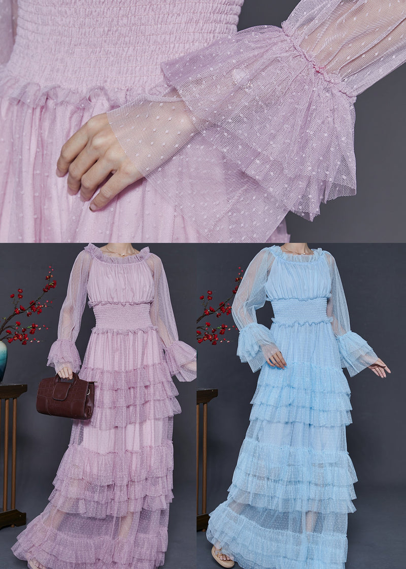 Blue Elastic Waist Patchwork Tulle Party Dress Fall