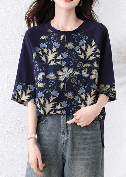 Navy Print Patchwork Cotton Top O Neck Half Sleeve