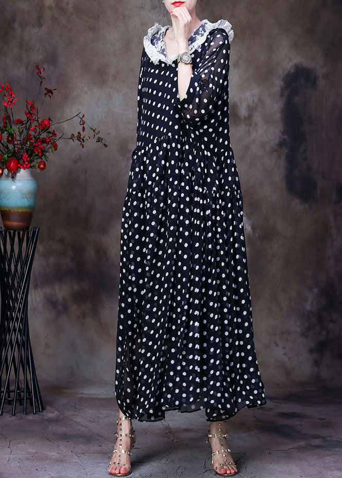 Simple Black Hooded Patchwork Lace Dot Print Silk Long Dress Two Piece Set Clothing Summer
