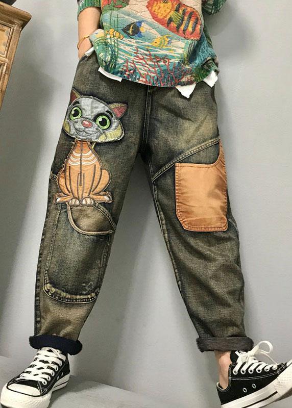 Cat Embroidery Patchwork Mid Waist Loose Denim Harem Jeans