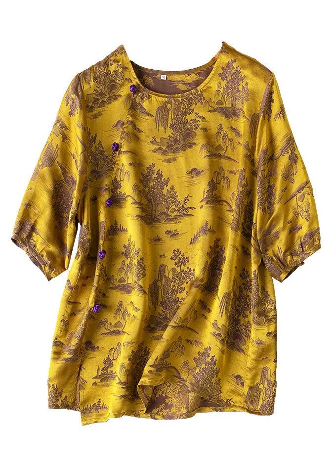 Yellow Jacquard Side Open Draping Silk Shirt Tops Short Sleeve