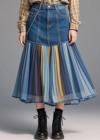 Blue Patchwork Rainbow Striped Denim Skirt Spring