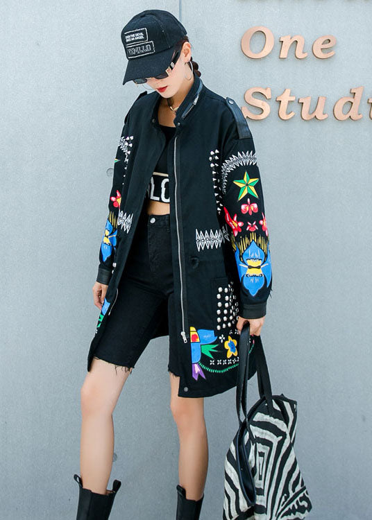 Art Black Tasseled Rivet Zippered Tie Waist Fall Long Sleeve Coat