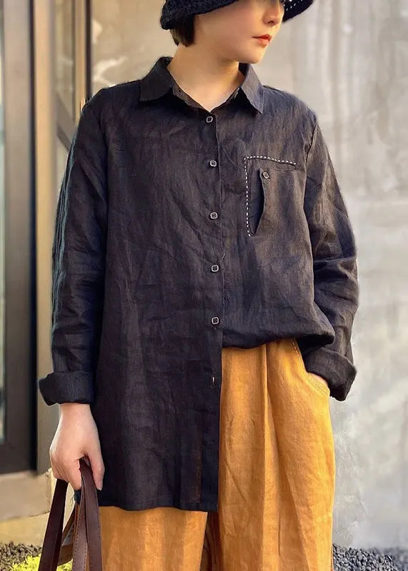 Chocolate Embroideried Button Peter Pan Collar Linen Shirt Top Long Sleeve