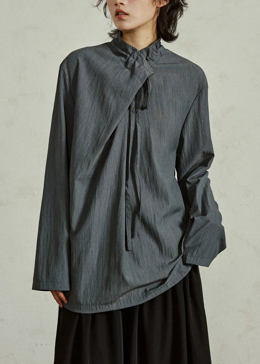 Grayish Blue Lace Up Cotton Shirts Stand Collar