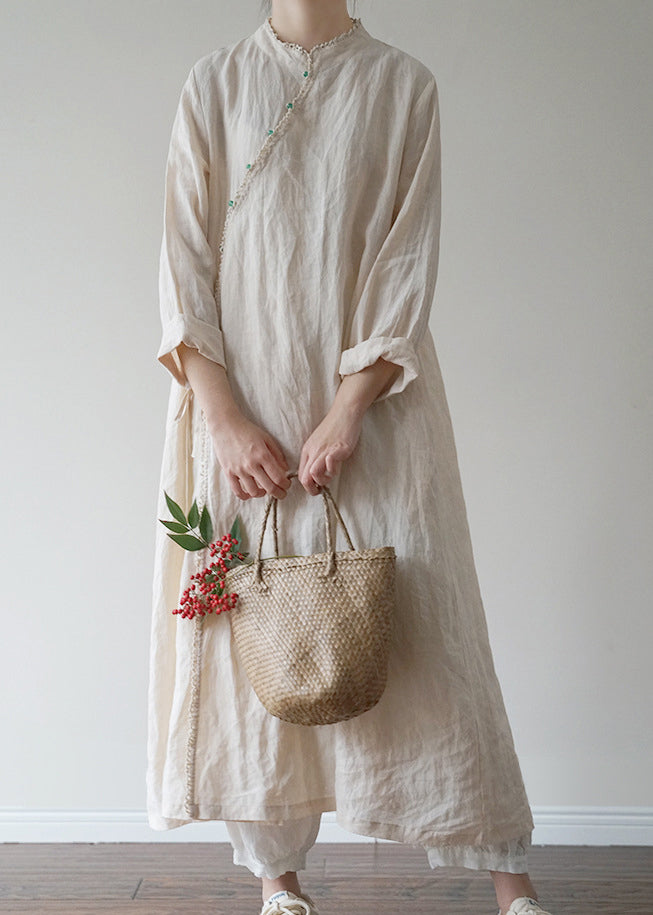 Linen Colour Linen Loose Dress Mandarin Collar Long Sleeve