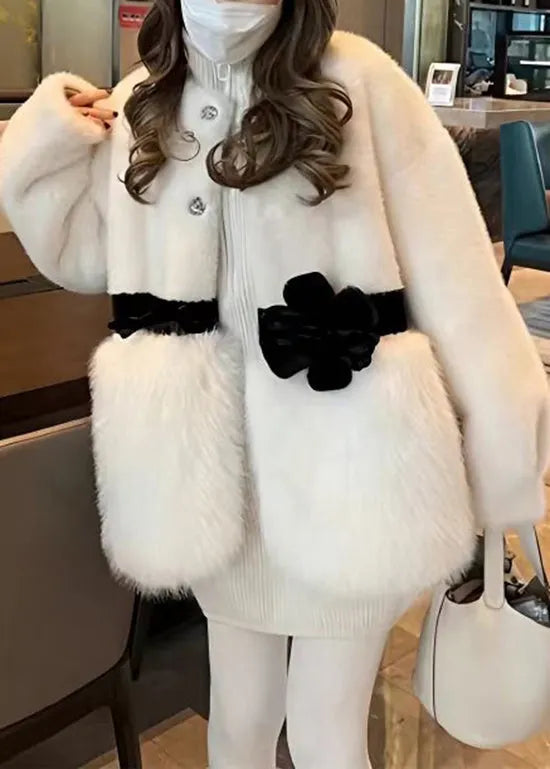 White O Neck Bow Patchwork Mink Hair Coat Winter