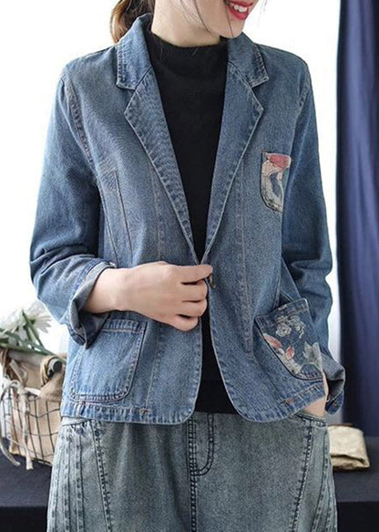 Blue Peter Pan Collar Print Button Denim Coats Spring