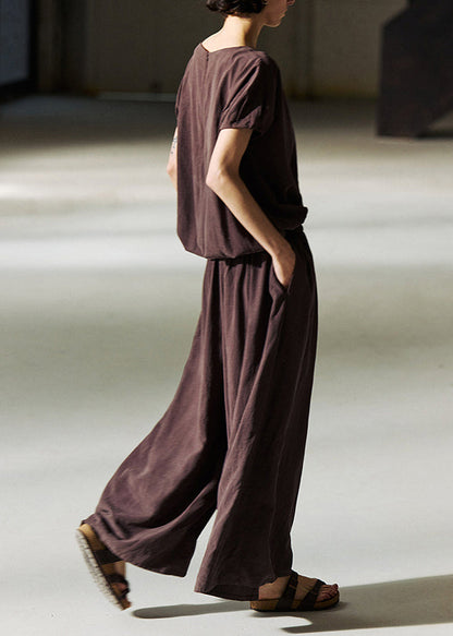 Organic Coffee O Neck Elastic Waist Linen Jumpsuit Summer