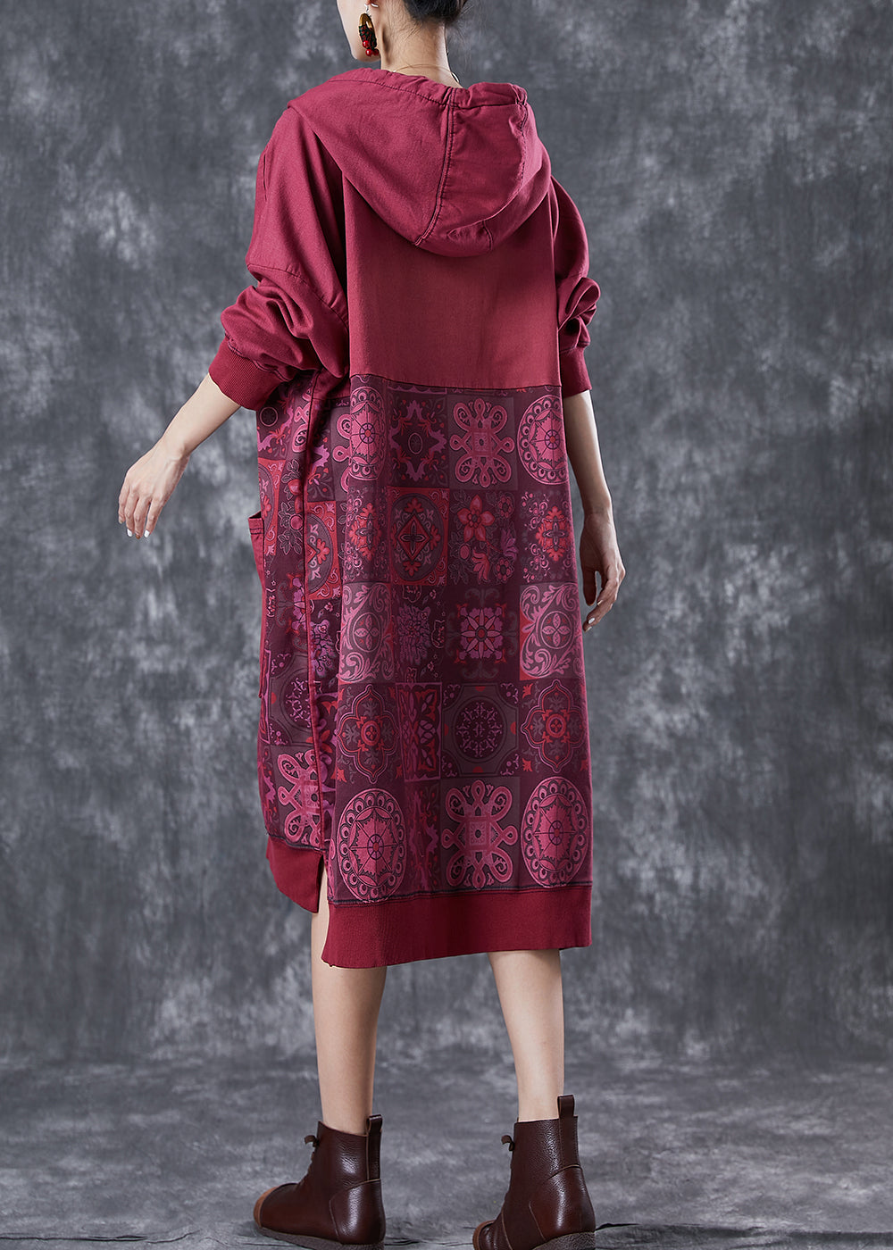 Mulberry Hooded Patchwork Pockets Cotton Sweatshirt Dress Fall
