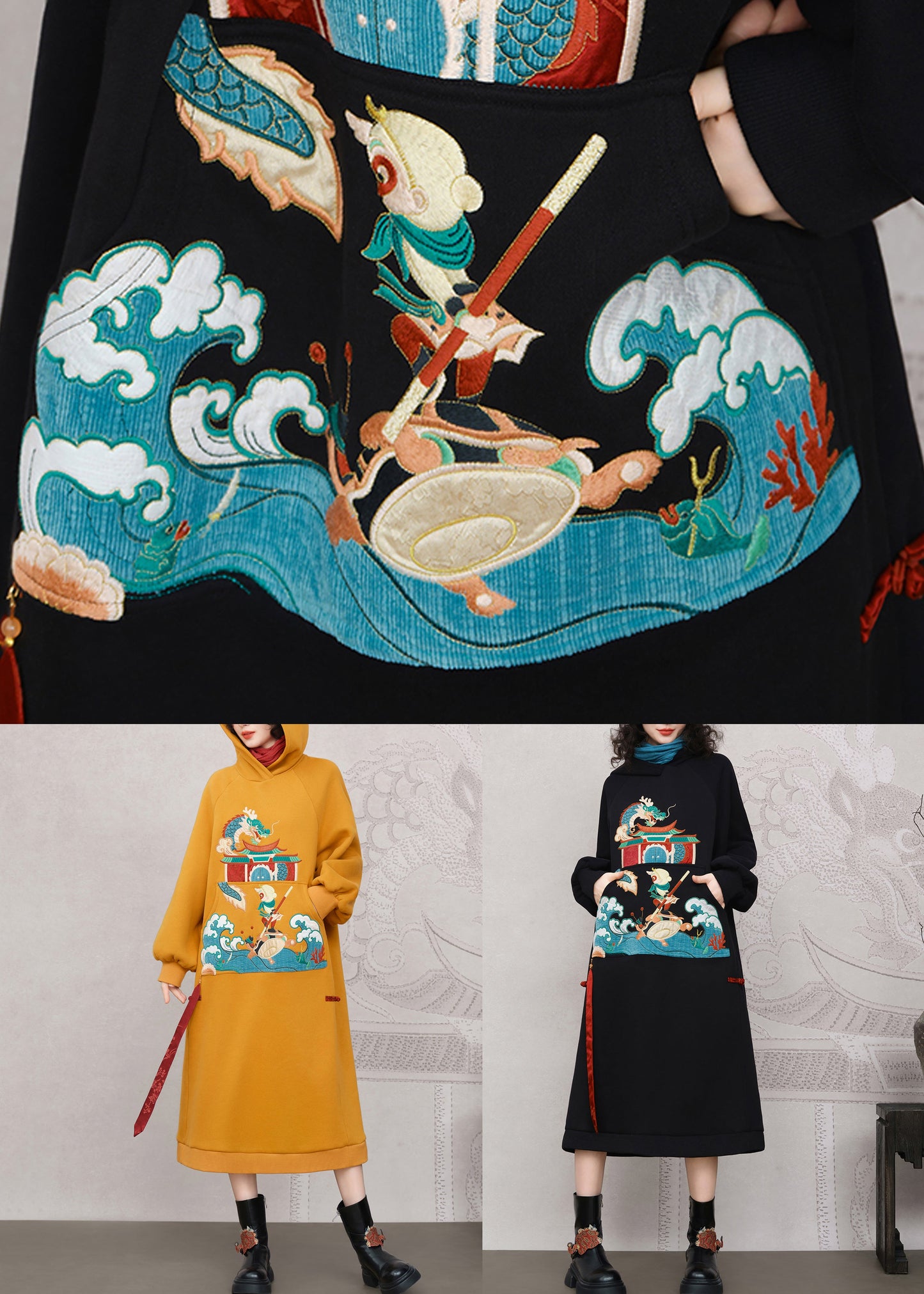 Loose Yellow Hooded Embroidered Warm Fleece Long Dress Spring