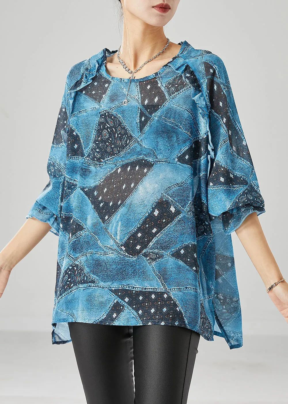 Blue Ruffled Print Chiffon Tanks Fall
