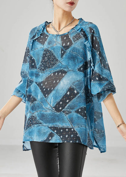 Blue Ruffled Print Chiffon Tanks Fall