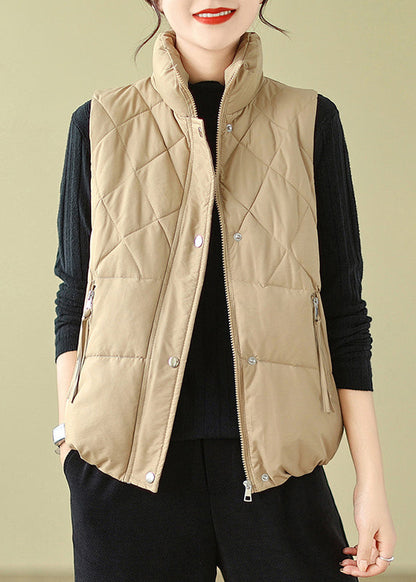 Khaki Zip Up Patchwork Fine Cotton Filled Vest Sleeveless