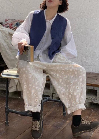 Beige Pockets Print Fall Pants