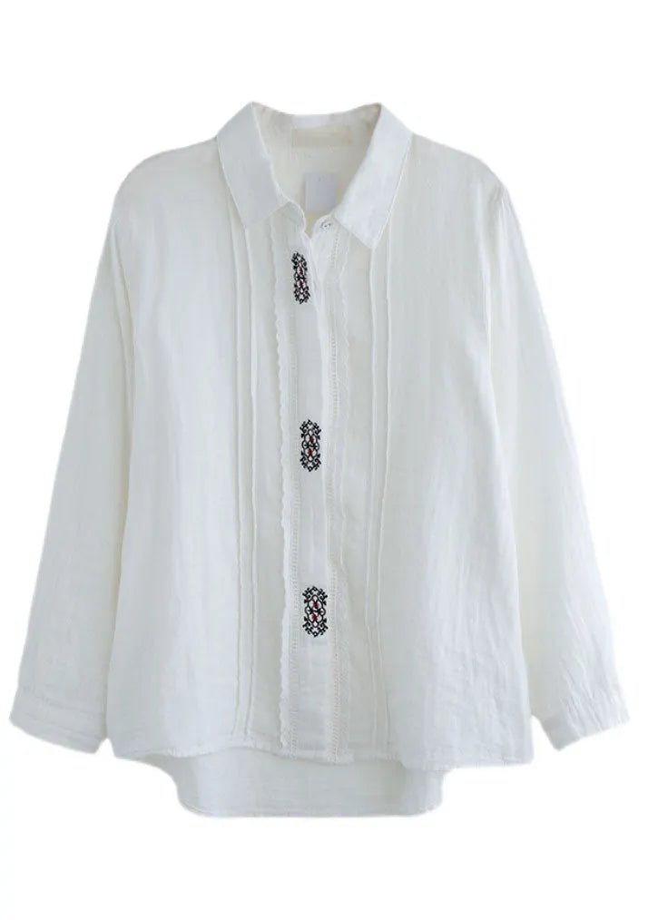 Art White Peter Pan Collar Button Embroideried Cotton Shirt Tops Spring