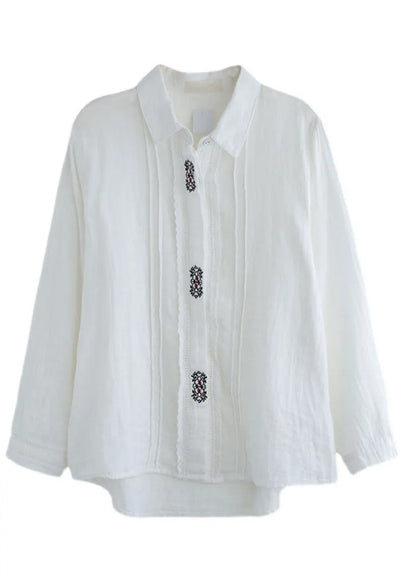 Art White Peter Pan Collar Button Embroideried Cotton Shirt Tops Spring