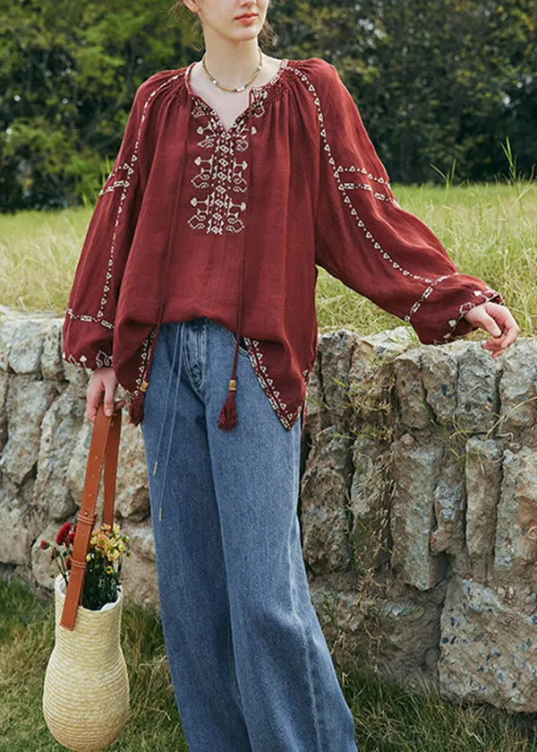 Mulberry Embroidered Patchwork Cotton Blouse Top Lantern Sleeve