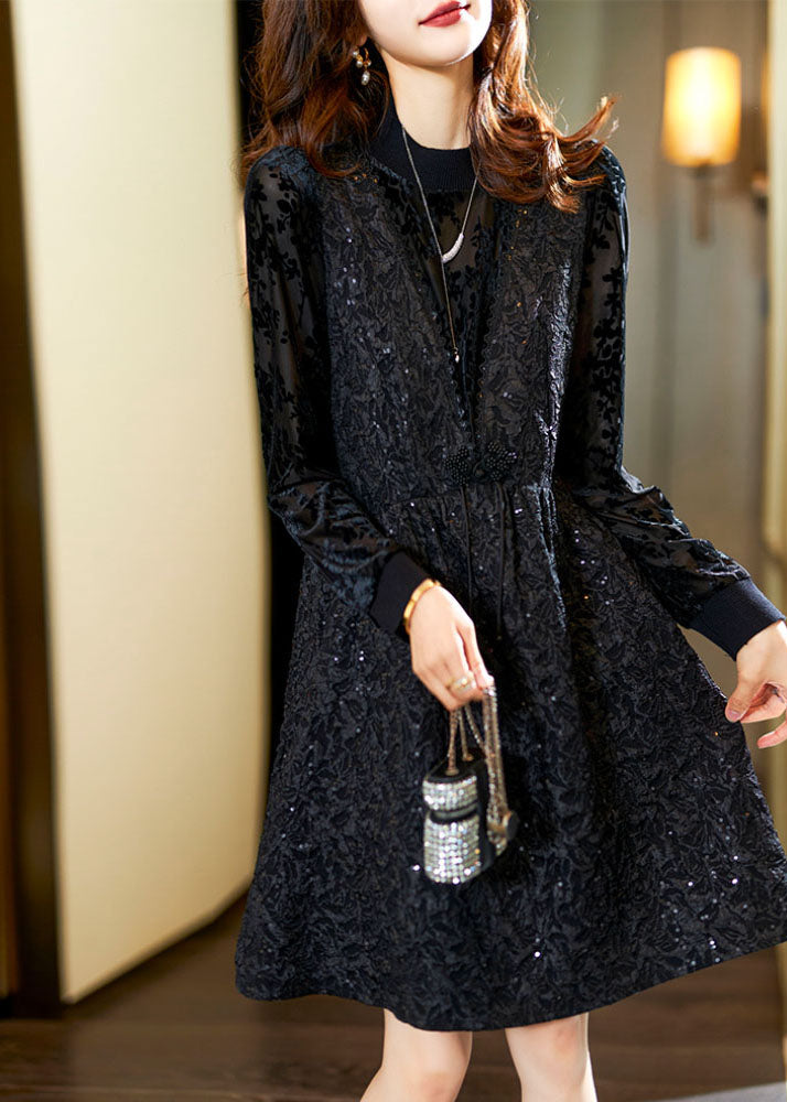 Jacquard Black O-neck Patchwork Nail Bead Fake Two Pieces Mid Dress Fall