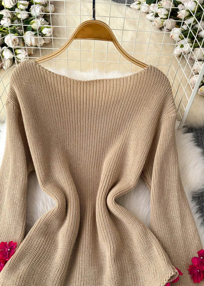 Stylish Khaki Slash Neck Cotton Knit Sweaters Winter
