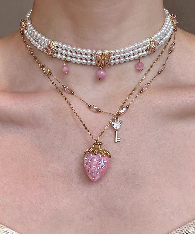 Pink Alloy Pearl Cat's Eye Strawberry Beading Pendant Necklace Three-piece Set
