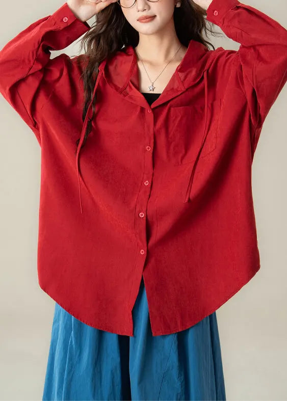 Red Hooded Button Cotton Shirt Spring