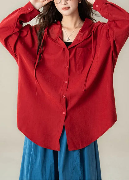 Red Hooded Button Cotton Shirt Spring