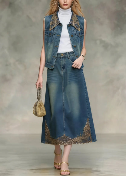 Blue Sequins Embroidered Denim Two Pieces Set Spring