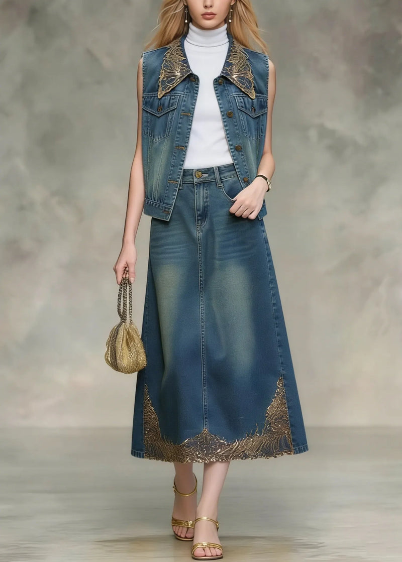 Blue Sequins Embroidered Denim Two Pieces Set Spring