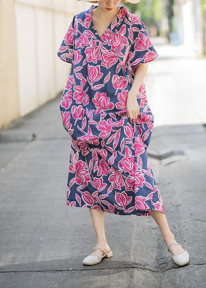 Pink Print Summer Cotton Dress Batwing Sleeve Maxi Dress
