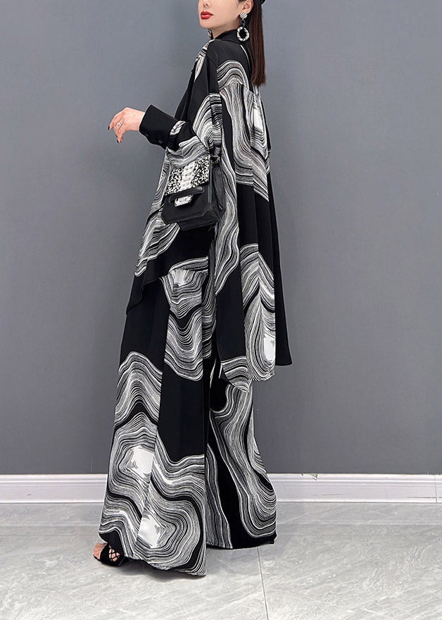 Vogue Peter Pan Collar Print Shirts and Wide Leg Pants Two Piece Set Long Sleeve