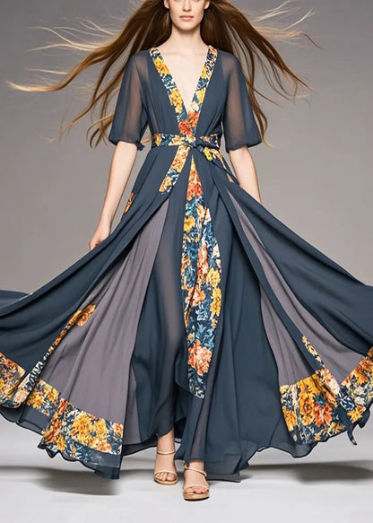 Charcoal Grey Cinched Patchwork Exra Large Hem Chiffon Dresses Summer