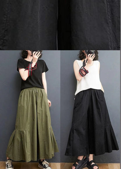 Army Green Elastic Waist Wide Leg Pants Trousers Summer Cotton