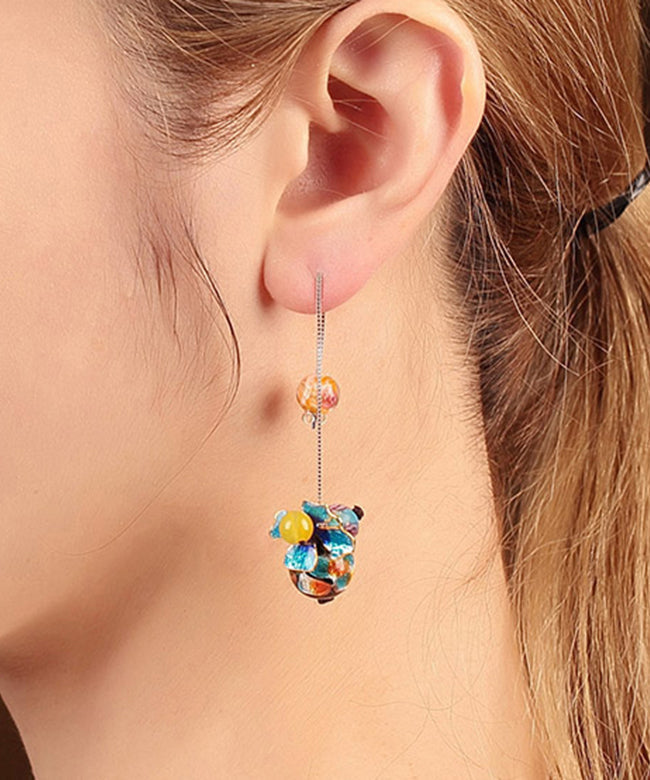 Blue Sterlin Silver Cloisonne Coloured Glaze Yellow Agate Drop Earrings